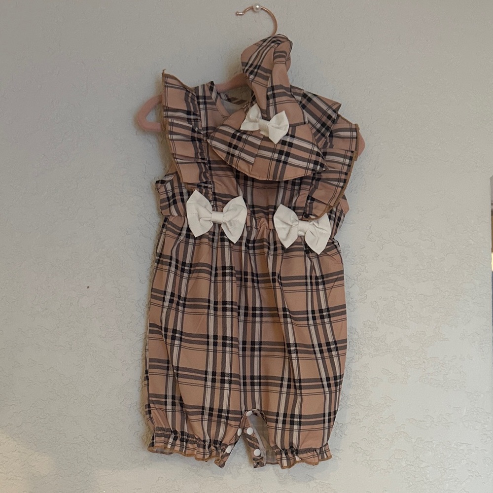 Plaid Baby Romper with Bow Accents